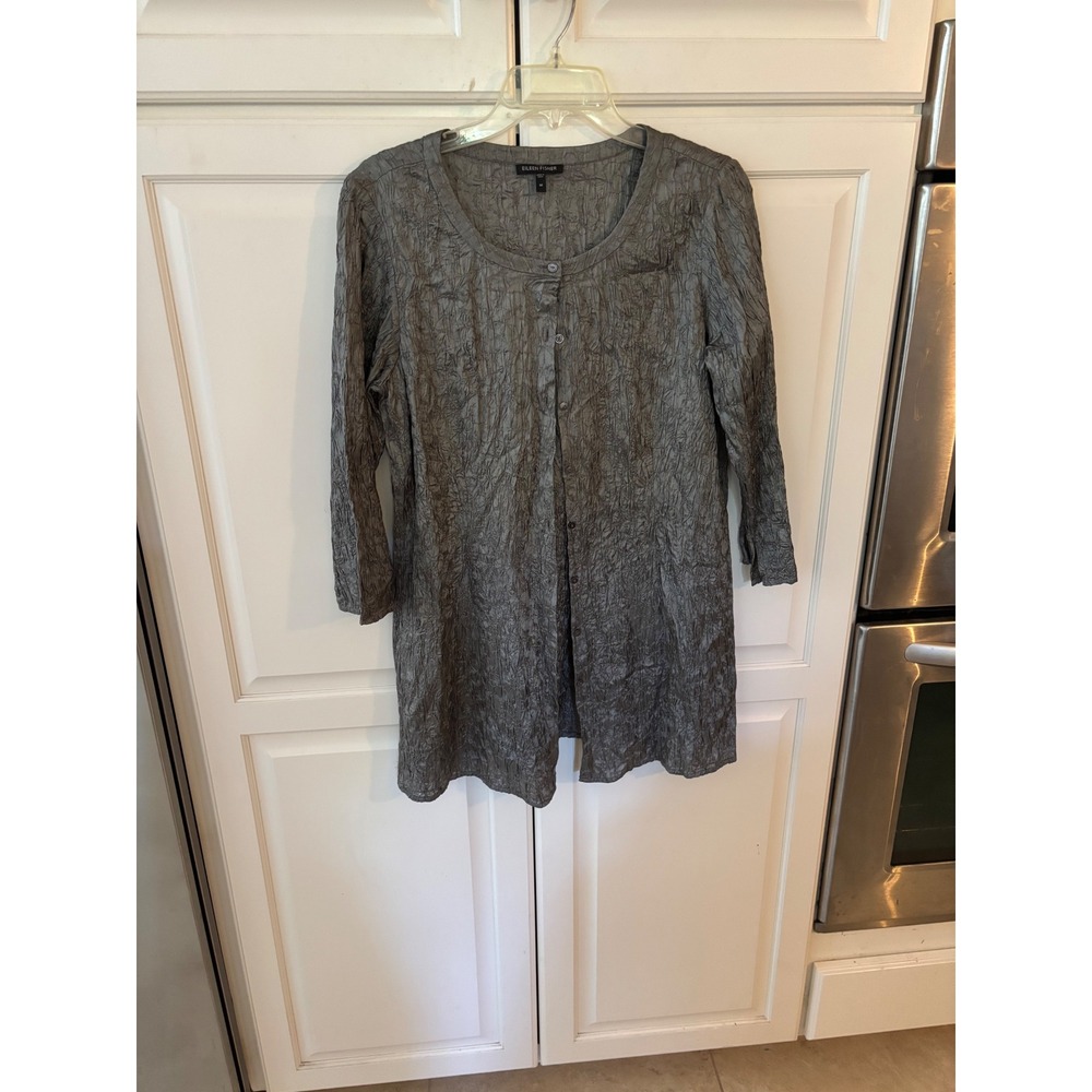 EILEEN FISHER Textured Silk 3/4 Sleeve Button Front Tunic Top M